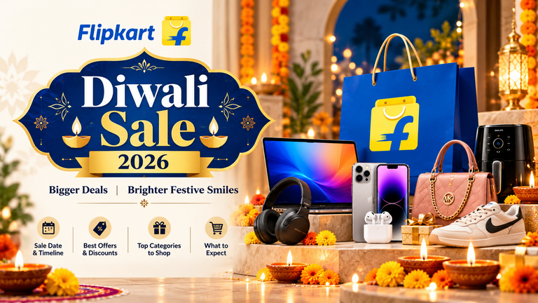 Flipkart Diwali Sale 2026 professional banner featuring a premium blue-and-gold festive design, Flipkart shopping bags, laptops, smartphones, headphones, fashion accessories, home appliances, and gift boxes, decorated with glowing diyas, marigold flowers, and warm festive lights.